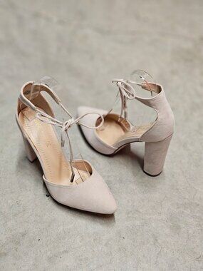 Ankle Strap Block Heel Suede Pumps In Nude Beige For Women